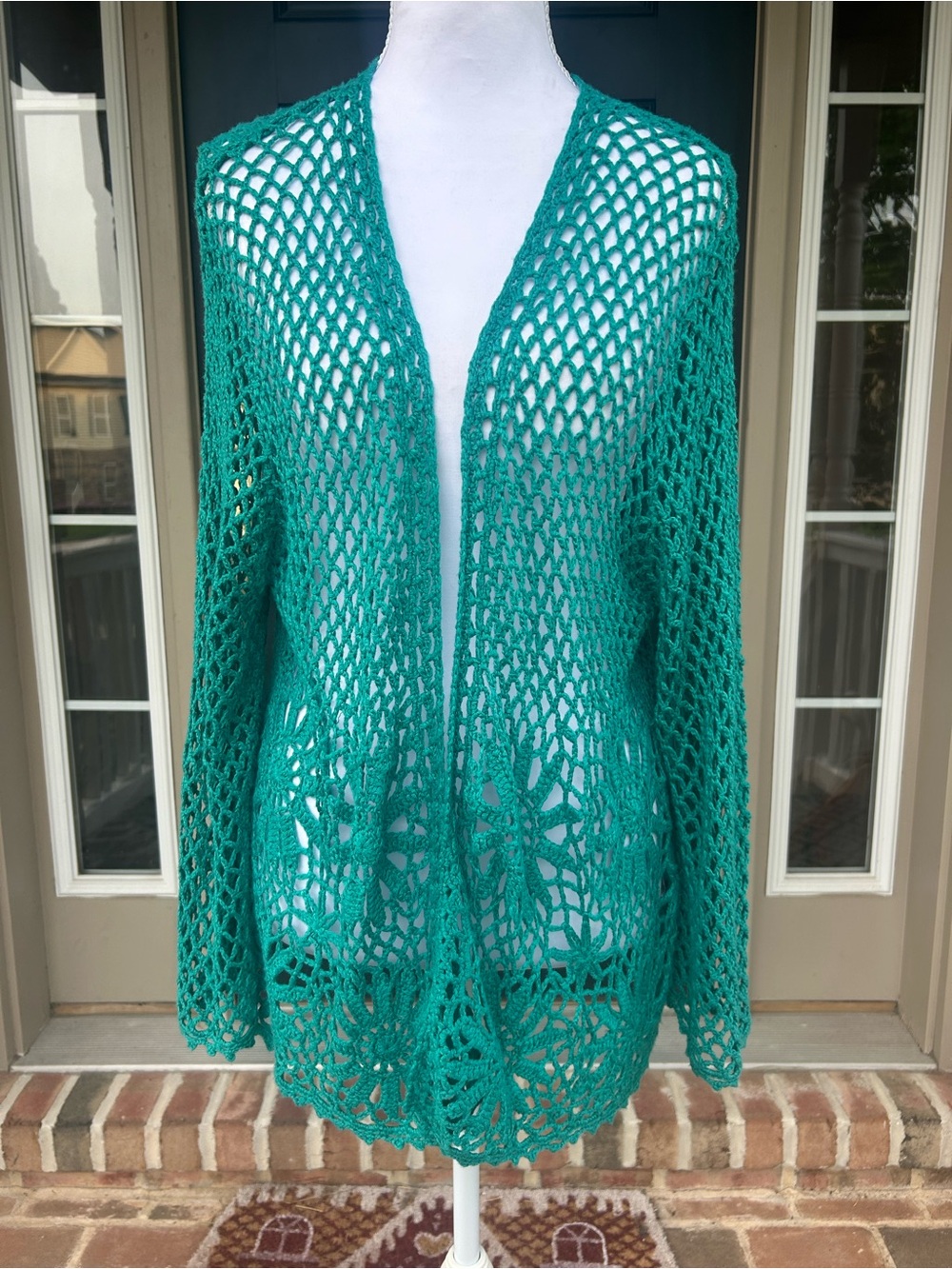 Vintage 90s y2k Teal Crochet Open Front Cardigan Sweater M L